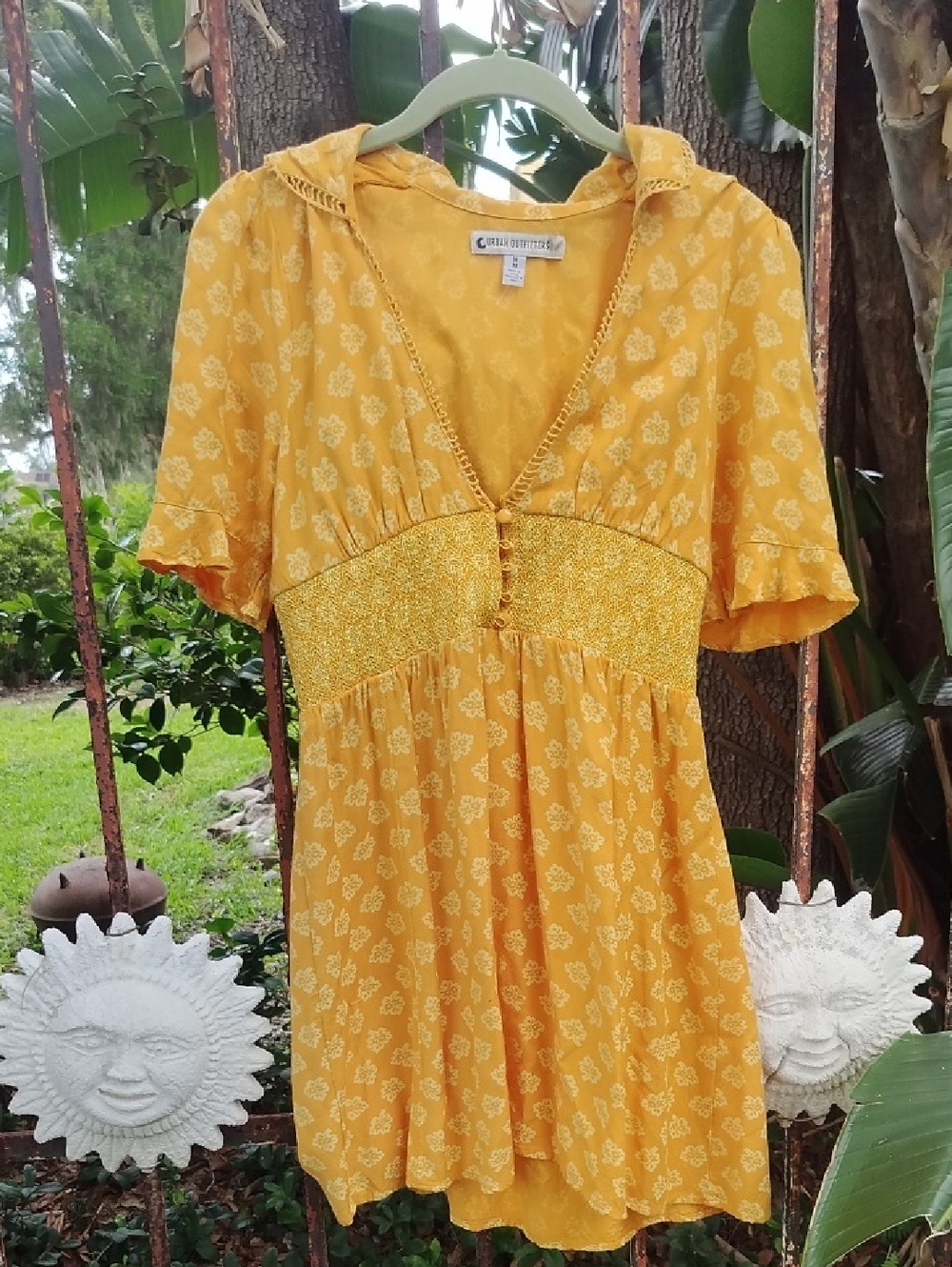 Urban Outfitters Yellow Floral Smocked Waist Mini Dress M